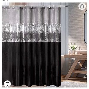 Black, gray, silver sequin 72x72 shower curtain with rhinestone hooks